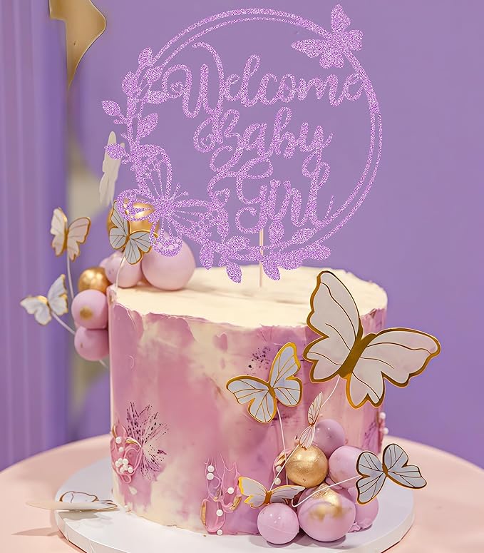 Welcome Baby Girl Cake Topper - Light Purple Glitter Baby Shower Cake Decorations, Baby Girl Cake Decor, for Baby Shower/Birthday Party/Gender Reveal Party Photo Booth Props