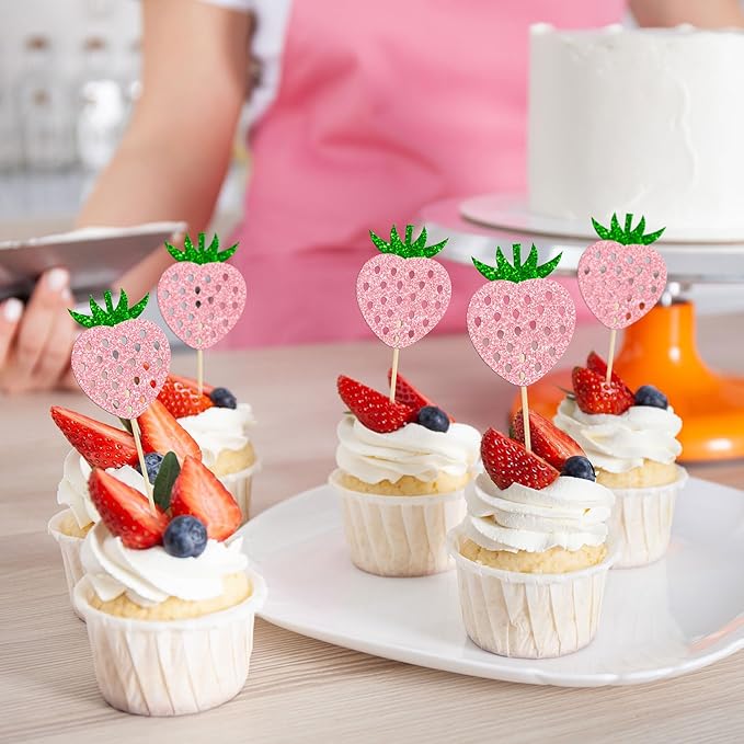 24 Pack Strawberry Cupcake Toppers Glitter Birthday Strawberry Cupcake Picks for Fruit Baby Shower Kids Birthday Summer Berry Cupcake Decorations Party Supplies Pink