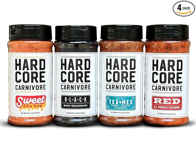 Hardcore Carnivore Core Pack (4 Rub Set) Black Beef, Red All-Purpose, Tex Mex, Sweet BBQ Seasonings | Bold Texas-Made Flavors for Grilling, Smoking and Cooking