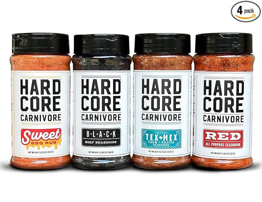 Hardcore Carnivore Core Pack (4 Rub Set) Black Beef, Red All-Purpose, Tex Mex, Sweet BBQ Seasonings | Bold Texas-Made Flavors for Grilling, Smoking and Cooking