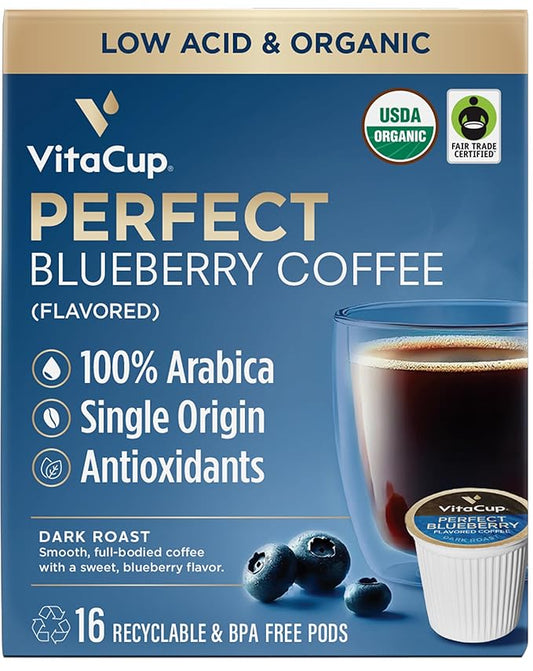 VitaCup Perfect Blueberry Flavored Low Acid Coffee Pods, Organic, Fair Trade, Dark Roast Single Origin from Guatemala, Clean & Pure, Recyclable Single Serve Pods, 16 Ct