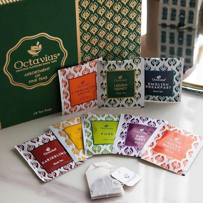 Octavius Tea Sampler Pack | 8 Assorted Black & Green Teas | 48 Teabags | Tea Sampler Variety Pack | Pack of 2