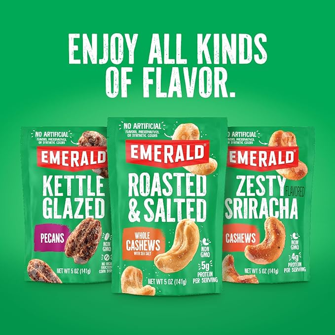 Emerald Nuts Salt and Pepper Seasoned Cashews 7ct (1-Pack), 100-Calorie Individual Packs, Kosher Certified, Non-GMO, Contains No Artificial Preservatives, Flavors or Synthetic Colors