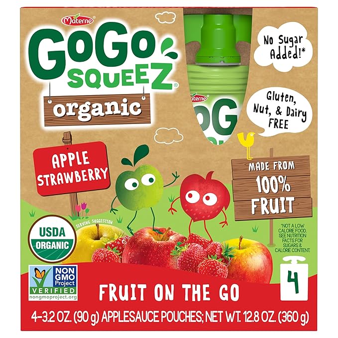 GoGo squeeZ Organic Applesauce and Fruit Puree Apple Strawberry, 3.2 oz (Pack of 48), Unsweetened Organic Fruit Snacks for Kids, Gluten Free, Nut Free and Dairy Free, Recloseable Cap, BPA Free Pouches