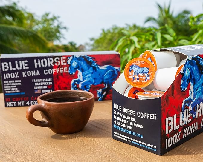 Blue Horse 100% Kona Coffee Pods, Medium Roast, 20ct Single Serve, Compatible with K Cups 2.0, Farm Fresh, Authentic Arabica Beans from Hawaii’s Big Island for a Smooth, Rich Flavor