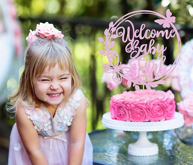 Welcome Baby Girl Cake Topper - Pink Glitter Baby Shower Cake Decorations, Baby Girl Cake Topper, for Baby Shower/Birthday Party/Gender Reveal Party Photo Booth Props