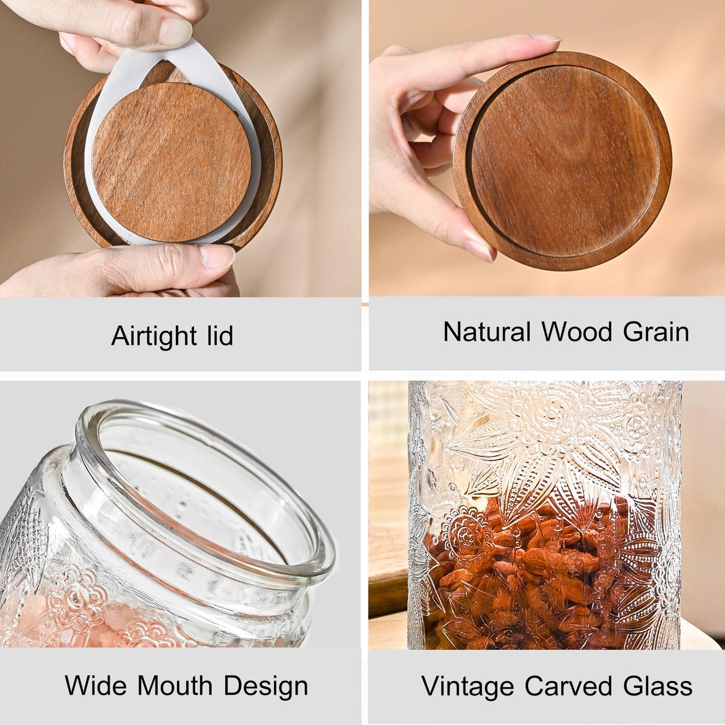 Adodeen 32oz Vintage Glass Jars With Lids, Airtight Food Storage Containers, Kitchen Canisters For