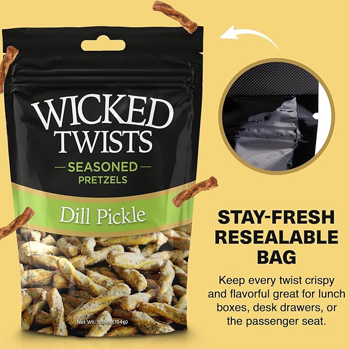 Wicked Twists Dill Pickle Seasoned Pretzels Twists 5.5 oz (1 Pack) Snack Pretzel Sticks Rods, Bold Flavor Snack, Resealable Fresh Pack, Baked Crunch, Party & School-Ready