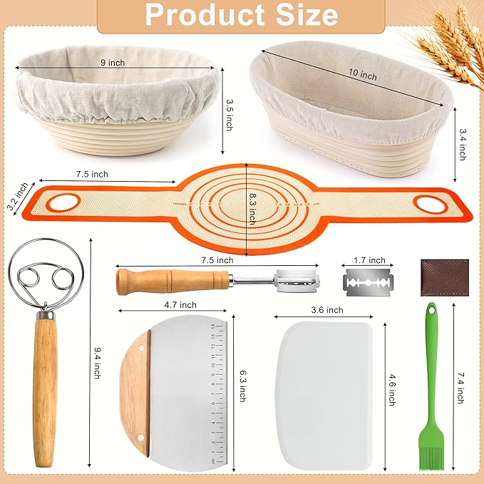 Banneton Bread Proofing Basket Set, 9 Inch Round & 10 Inch Oval Sourdough Bread Baking Supplies - Complete Bread Proofing Basket Kit for Home and Commercial Use, With Gift Box