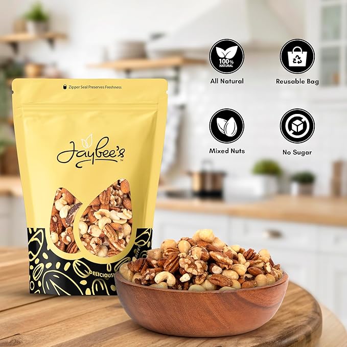 Jaybee's - Raw Deluxe Mixed Nuts Unsalted 3 Pound | Almonds, Cashews, Pecans, Walnuts, Brazil Nuts, Macadamia | Fresh, Unsalted, Natural Variety | Resealable Bulk Snack Pack