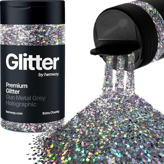Hemway Premium Glitter Shaker - Gun Metal Grey Holographic | 115g Extra Chunky Metallic Flake Sequins for Resin & Epoxy Crafts | Craft Supplies for Tumblers, Festival, Art