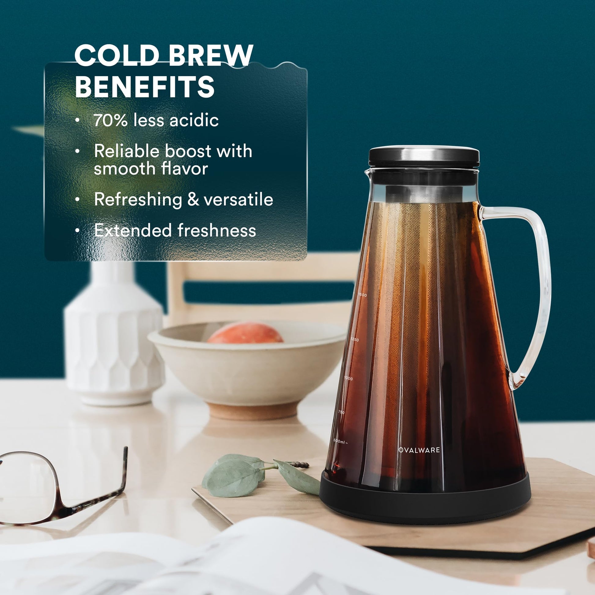 OVALWARE Airtight Cold Brew Iced Coffee Maker Pitcher (& Iced Tea Maker) with Spout – 1.5L/ 51oz