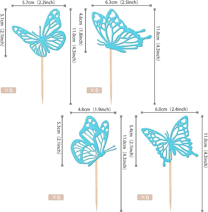 Rsstarxi 24 Pack Butterfly Cupcake Toppers Blue Glitter Assembled Butterfly Baby Shower Cupcake Picks for Wedding Engagement Bridal Shower Kids Birthday Party Cake Decorations
