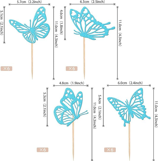 Rsstarxi 24 Pack Butterfly Cupcake Toppers Blue Glitter Assembled Butterfly Baby Shower Cupcake Picks for Wedding Engagement Bridal Shower Kids Birthday Party Cake Decorations