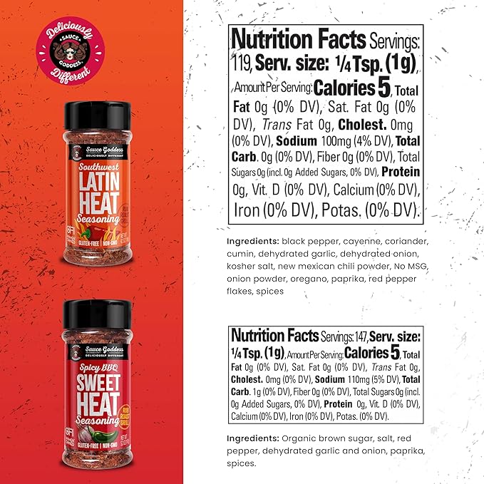 Sauce Goddess - Spicy BBQ Sweet Heat & Southwest Latin Heat Duo Premium Spices, No MSG, No Additives, Plant-Based, Shakers for Meat & Veggies - 2-Pack