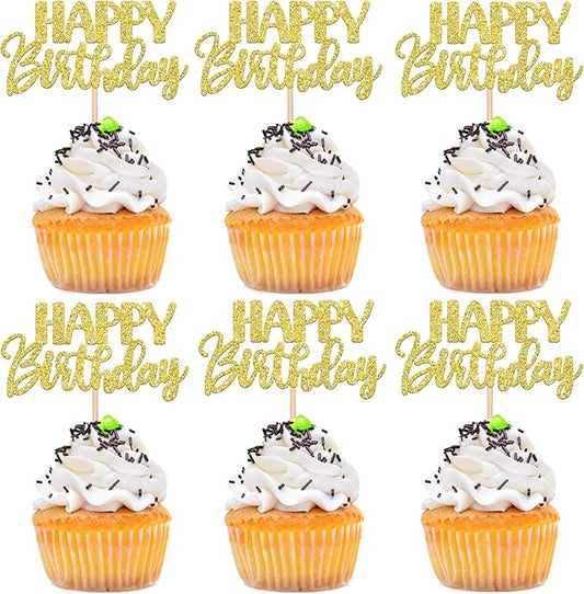 30 PCS Happy Birthday Cupcake Toppers Glitter Happy Birthday Cupcake Picks for Celebrating Anniversary Theme Party Cake Decorations Supplies Gold