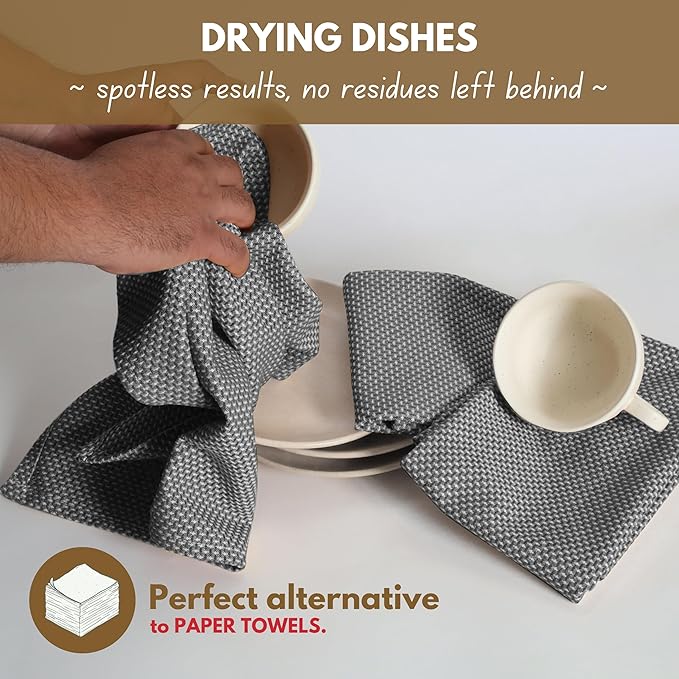 Native Fab 4 Pack Dotted Pattern Kitchen Dish Towels Cotton Super Absorbent Quick Drying Reusable 18x26 Inches - Bar Hand Towels, Kitchen Cleaning Towels with Hanging Loop, Grey
