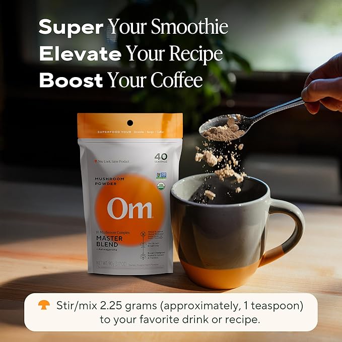 Om Master Blend Mushroom Powder ??Organic Mushroom Supplement with 10 Mushrooms and Ashwagandha - Support Immunity, Gut Health & Stress Relief, 3.17 oz (40 Servings)