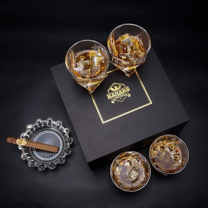 KANARS Whiskey Glasses Set of 4, 10 Oz Crystal Old Fashioned Cocktail Glass in Gift Box, Twisted Lowball Bourbon Tumbler for Scotch Whisky Cognac, Rock Barware for Men Gift