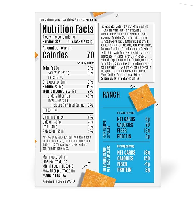 Fiber Gourmet Ranch Thinables Baked Cheese Crackers – Low Calorie, High Fiber Snack – 6g Net Carbs, 70 Calories, 13g Fiber, 5g Protein – Kosher, Made in USA with Real Cheese - 4.25 oz, Pack of 6