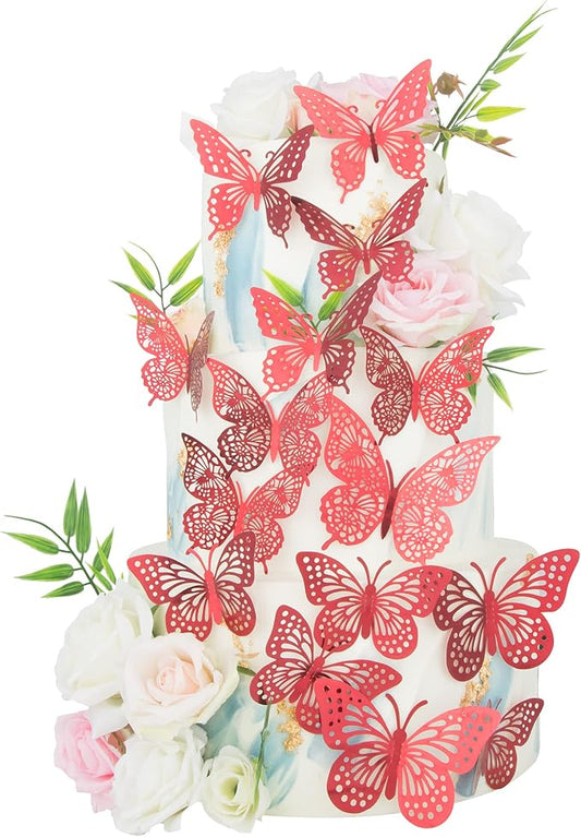 Gyufise Metallic Red Butterfly Cupcake Toppers Hollow Art 3D Butterfly Cupcake Decorations Baby Shower Wedding Anniversary Kids Birthday Party Cake Wall Decorations Supplies 36Pcs