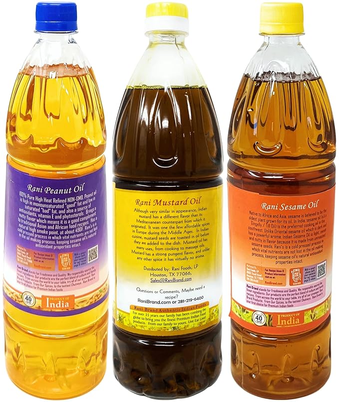 Rani Premium Oils Combo Set of 3 - Peanut Oil, Mustard Oil, Sesame Oil 33.8 Ounce (1 Liter) ~ Cold Pressed | 100% Natural | Kosher | NON-GMO | Vegan | Gluten Free