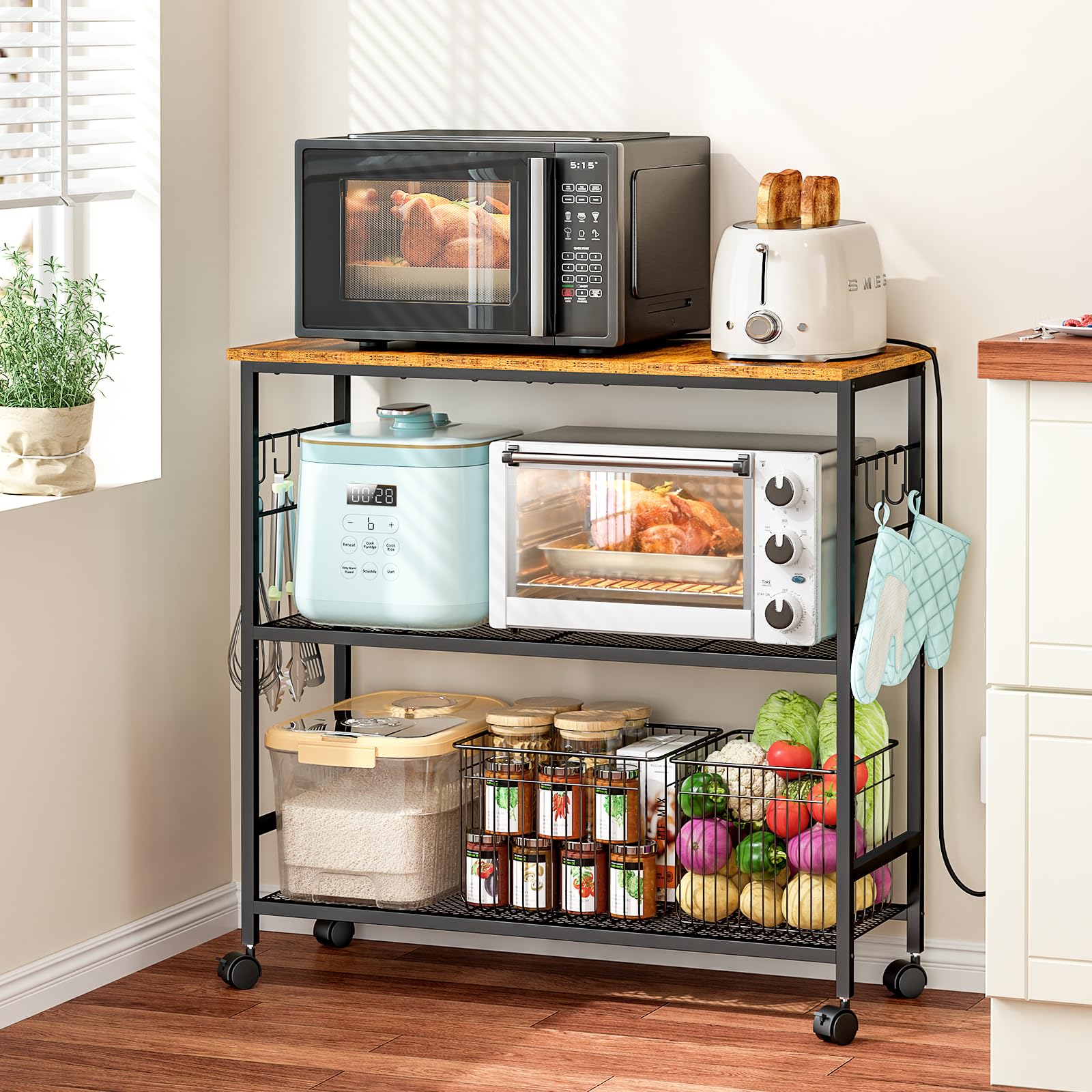 3 Tier Rolling Kitchen Microwave Cart, 33 Inch Microwave Table Stand with Adjustable Shelf, Kitchen