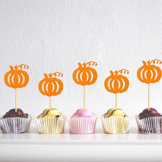 24pcs Orange Glitter Pumpkin Cupcake Toppers - Fall Theme Picks for Thanksgiving, Halloween, Birthday, Baby Shower Party Decoration Supply