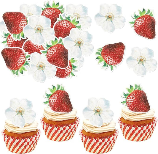 60 Pack Edible Sweet Strawberry Flower Cupcake Toppers First Birthday Strawberry Cake Toppers Rice Paper Wafer Paper Cake Picks for Fruit Baby Shower 1st Berry Sweet Kids Birthday Cake Decorations