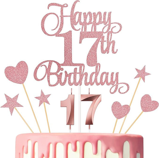 17th Birthday Cake Decorations, 17th Birthday Candles Cake Numeral Candles and Glitter Happy 17th Birthday Cake Toppers Set for Birthday Party Supplies (Rose Gold)