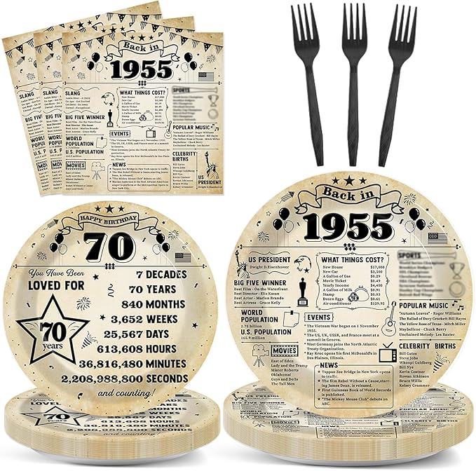 96Pcs Back in 1955 Birthday Plates and Napkins 70th Party Decorations Vintage 70 Year Old Party Dessert Plates 1955 Tableware for 24 Guests 70th Theme Men Women Birthday Supplies ??"<div>