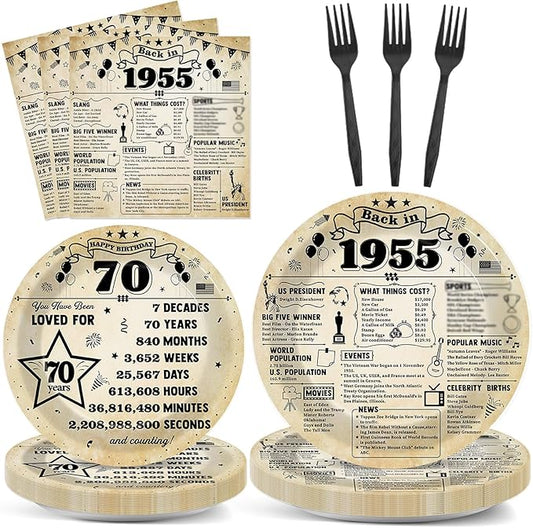 96Pcs Back in 1955 Birthday Plates and Napkins 70th Party Decorations Vintage 70 Year Old Party Dessert Plates 1955 Tableware for 24 Guests 70th Theme Men Women Birthday Supplies ??"<div>