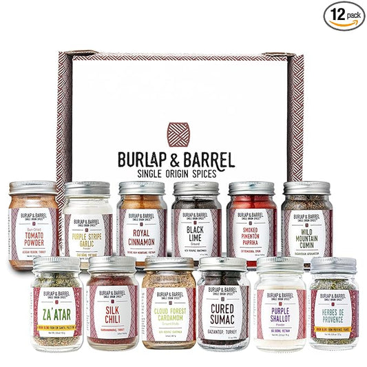 Burlap & Barrel 12-Pack Spice Gift Set – 12 Full-Size Jars of Favorite Spices for the Curious Cook – Includes Cinnamon, Garlic & More – As Seen On Shark Tank - Perfect Seasonings for Cooking