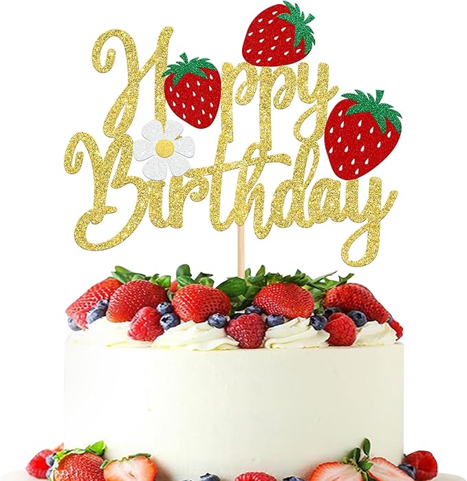1 Pack Happy Birthday Cake Topper Glitter Strawberry Cake Pick for Fruit Theme Baby Shower Kids Birthday Party Strawberry Fruit Party Cake Decorations Supplies Gold