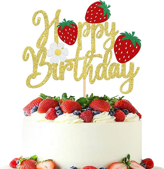 1 Pack Happy Birthday Cake Topper Glitter Strawberry Cake Pick for Fruit Theme Baby Shower Kids Birthday Party Strawberry Fruit Party Cake Decorations Supplies Gold