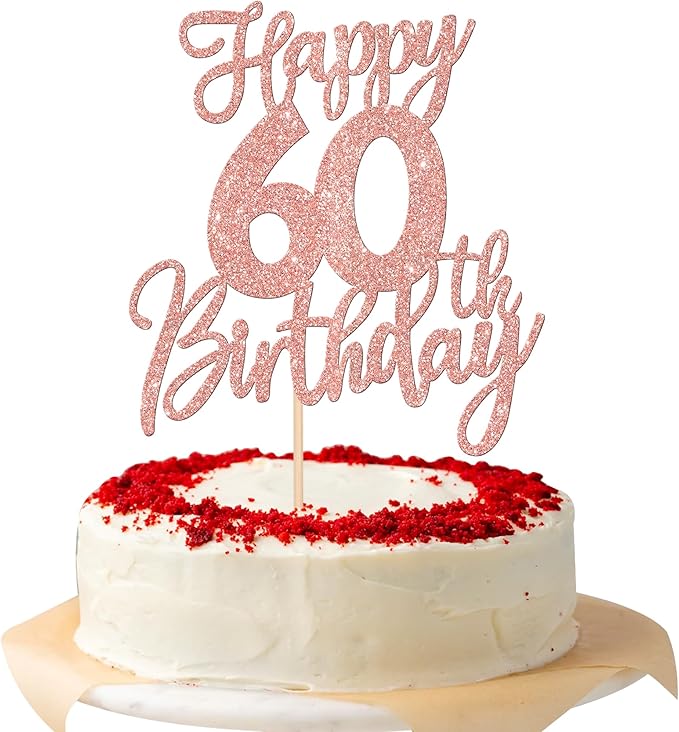 1 PCS Happy 60th Birthday Cake Topper Glitter Cheers to 60 Years Birthday Cake Pick Sixty Hello 60 Fabulous Cake Decoration for Happy 60th Birthday Anniversary Party Supplies Rose Gold