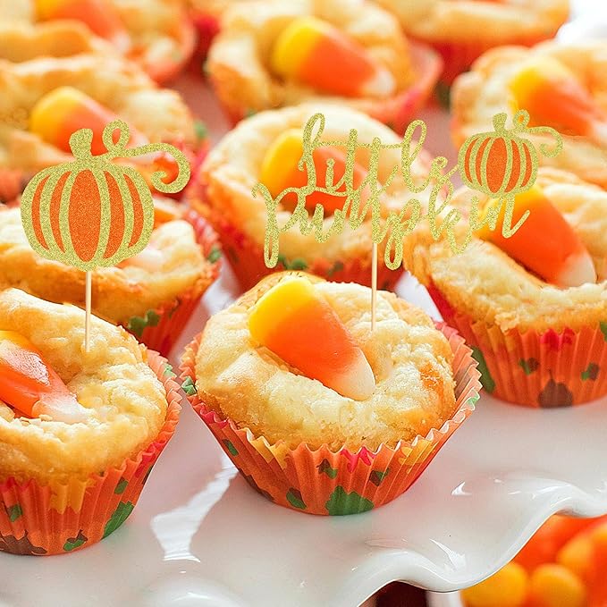 24Pcs Little Pumpkin Cupcake Toppers Fall Pumpkin Cupcake Picks for Thanksgiving Halloween Baby Shower Kids Birthday Party Cake Decorations Supplies - Gold Orange Glitter