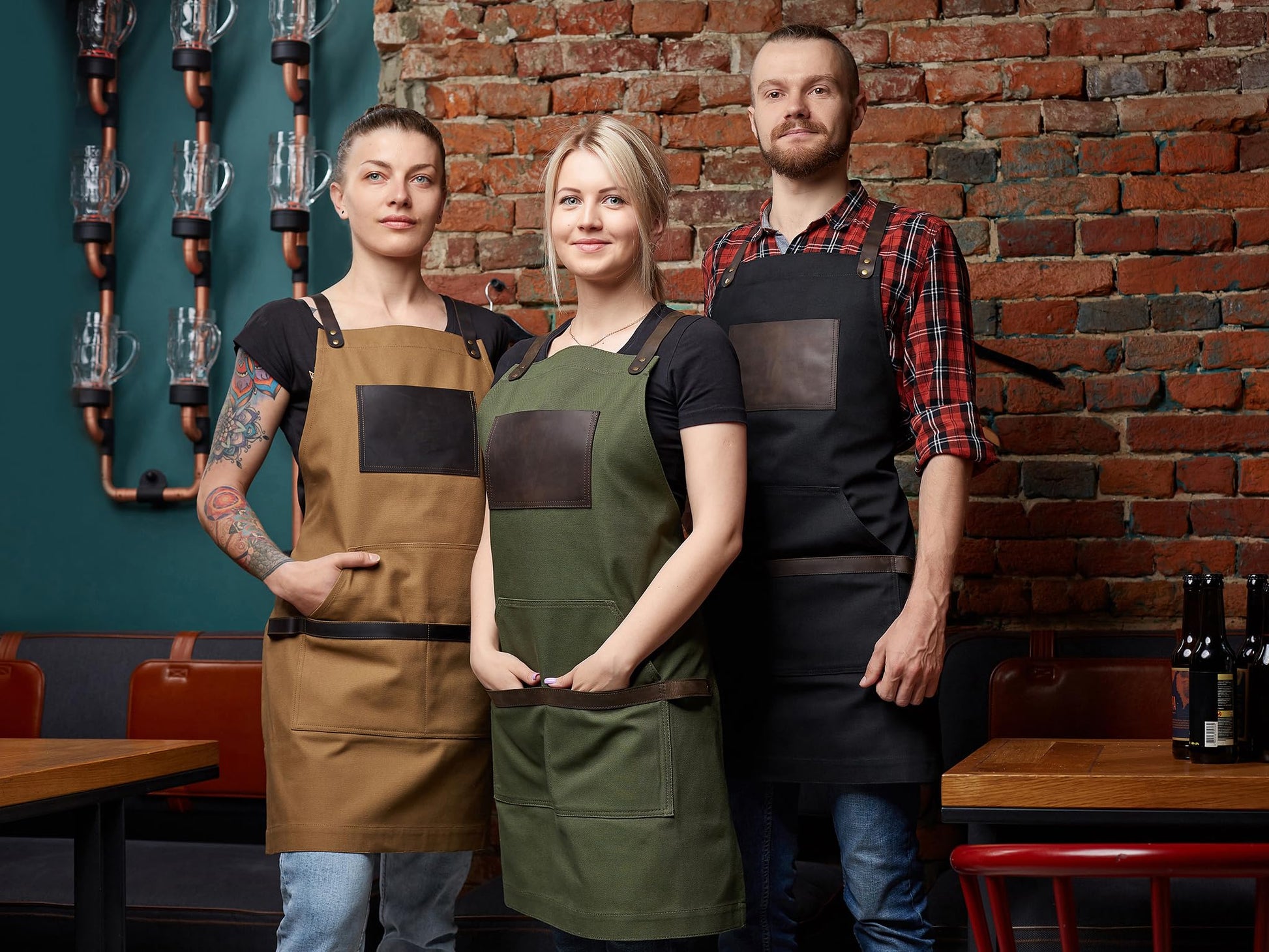 Black Apron in Canvas and Leather for Chef Work Bartender Barista Barber Shop Grill Master olpr.