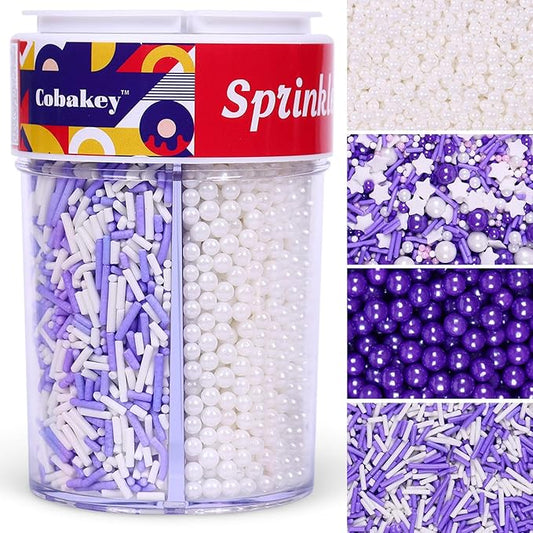 Sprinkles for Cake Decorating Edible Purple and White Jimmies Nonpareils Sugar Pearl Sprinkles Mix for Cookie Ice Cream Candy Chocolate Baking Cupcake Topping