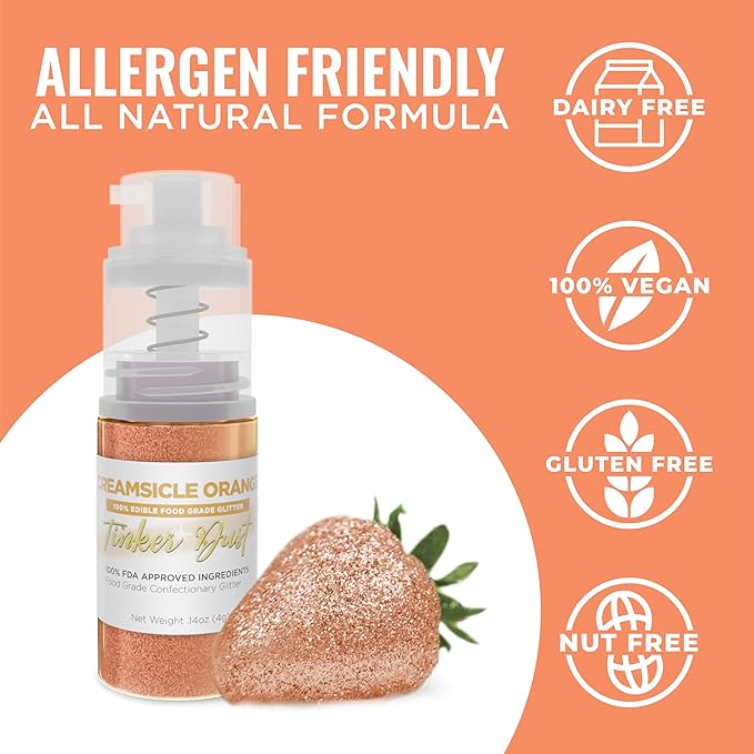 Bakell - Creamsicle Orange Tinker Dust (4g, 1x Mini Spray Pump) Edible Glitter for Food, Desserts, and Beverages!