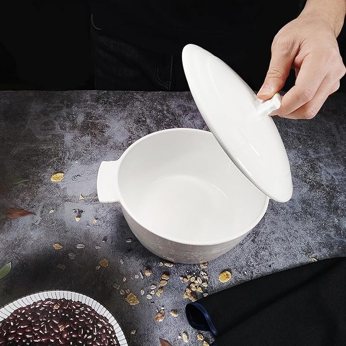 Casserole Dish 1.32 Quart French White Ceramic Bakeware Set with Lids, Chip and Crack Resistant Stoneware Baking Dish, Microwave, Dishwasher, Oven, Freezer and Fridge Safe