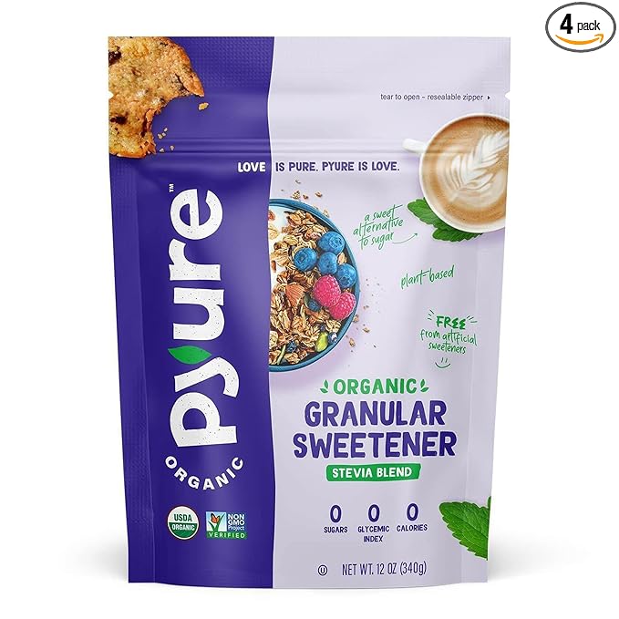 Pyure Organic Stevia Blend | Granulated All-Purpose - White Sugar Substitute | Zero Carb, Zero Sugar, Zero Calorie | Plant-Based Stevia Sweetener for Keto Friendly Food | 12 oz (Pack of 4)