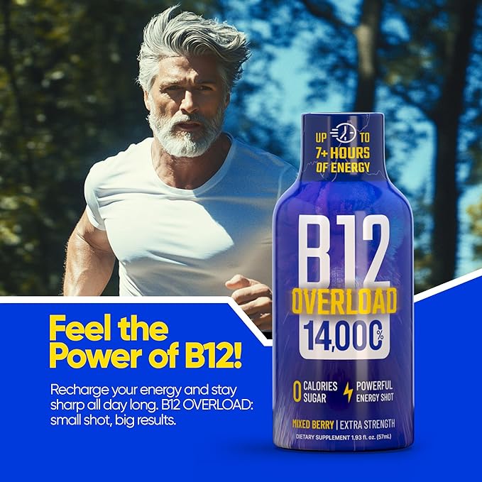 B12 Overload Extra Strength Energy Shot ??Mixed Berry ??260mg Caffeine, 14000% B12, Electrolytes ??Energy & Vitality Support ??Zero Sugar No Calories ??Vegan, Kosher, Gluten-Free ??1.93 fl oz, 10-Pack