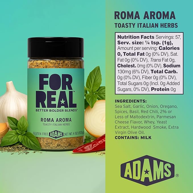 FOR REAL Roma Aroma Seasoning - Toasty Italian Herb Blend with Garlic, Basil & Parmesan - Gluten Free, Kosher, No Seed Oils or MSG - Bold Flavor for Pasta & More - 4oz