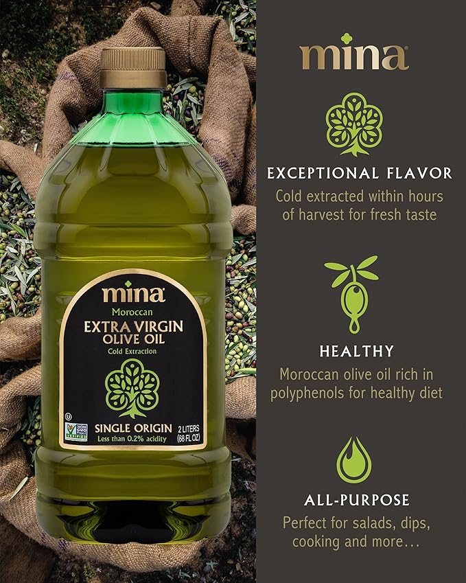 Mina Olive Oil Extra Virgin 68 Fl Oz, New Harvest, Polyphenol Rich Moroccan Extra Virgin Olive Oil, Single Origin, Early Harvest, Cold Extraction, Less than 0.2% Acidity, 2 L