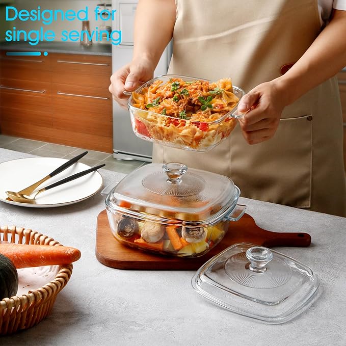 NUTRIUPS Mini Glass Casserole Dish with Lid Oven Safe Square Casserole Dish Set 2 Pack (5.9in+6.8in) Microwave Bowl With Glass Lid ç«?.8L+1.2Lç«?"<div>
