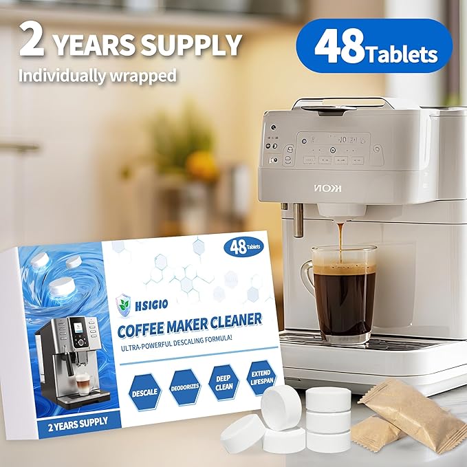 48Pack Coffee Machine Cleaner Descaler Tablets,Espresso Machine Cleaning Tabs,Cleaning Coffee Maker Accessories,Descaling Solution For CoffeeMaker-Odor-Free-2 Years Supply Compatible With Most Brands