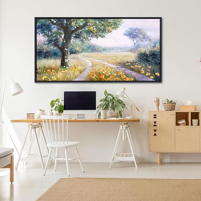 CHATYOUNG Framed Wall Art Vintage, Country Road Yellow Flowers Misty Landscape Painting Poster Prints Wildflowers Wall Pictures for Living Room Bedroom Bathroom Farmhouse Wall Decor 20"X40"