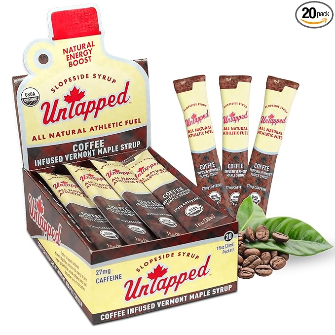 UnTapped Coffee Infused Vermont Maple Syrup Packets for Athletes, Box of 20-1 fl oz | Pure Maple Syrup with Organic Coffee for Natural Endurance Energy | Fuel to Keep You Running Longer