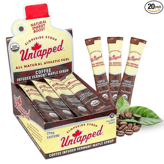 UnTapped Coffee Infused Vermont Maple Syrup Packets for Athletes, Box of 20-1 fl oz | Pure Maple Syrup with Organic Coffee for Natural Endurance Energy | Fuel to Keep You Running Longer